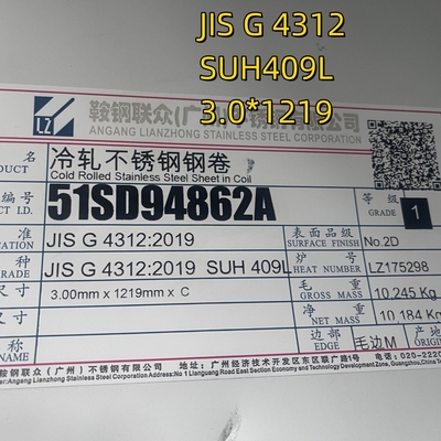 JIS G4312 SUH409L AISI 409L 1.4509 Blad van roestvrij staal 2 mm Voor uitlaatbuizen Afwerking 2D