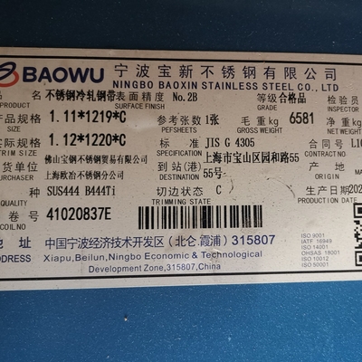 SUS444 2B S44400 EN1.4376 AISI 444 Blad van roestvrij staal 1.0* 1000mm Breedte 1219mm